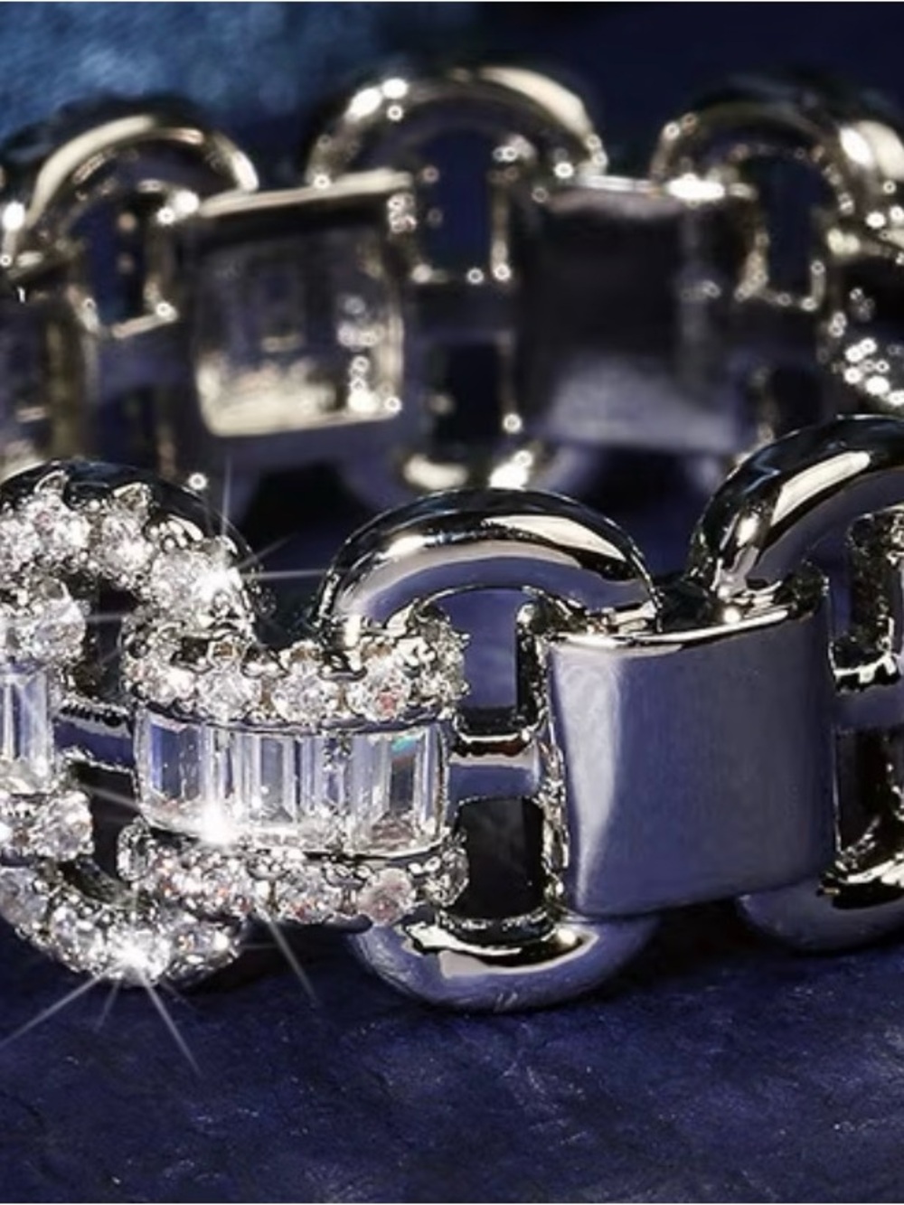 Silver Crystal Link Statement Ring - Women's Sparkling Band